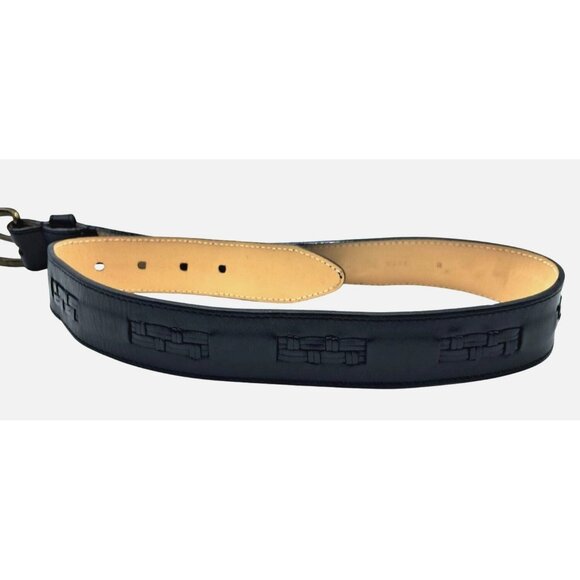 Orvis Black Leather Belt Unisex Size 29 Vintage Basket Weave Design Brass Buckle - Picture 4 of 11
